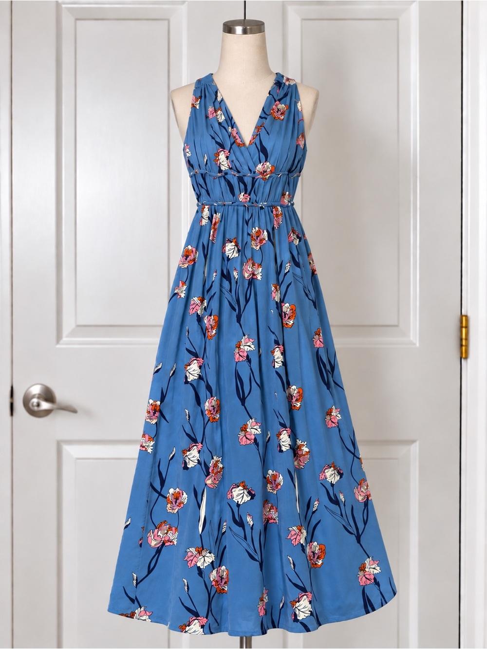 Japna Women’s Blue Floral Maxi Dress S V-Neck Sleeveless Smocked Woven